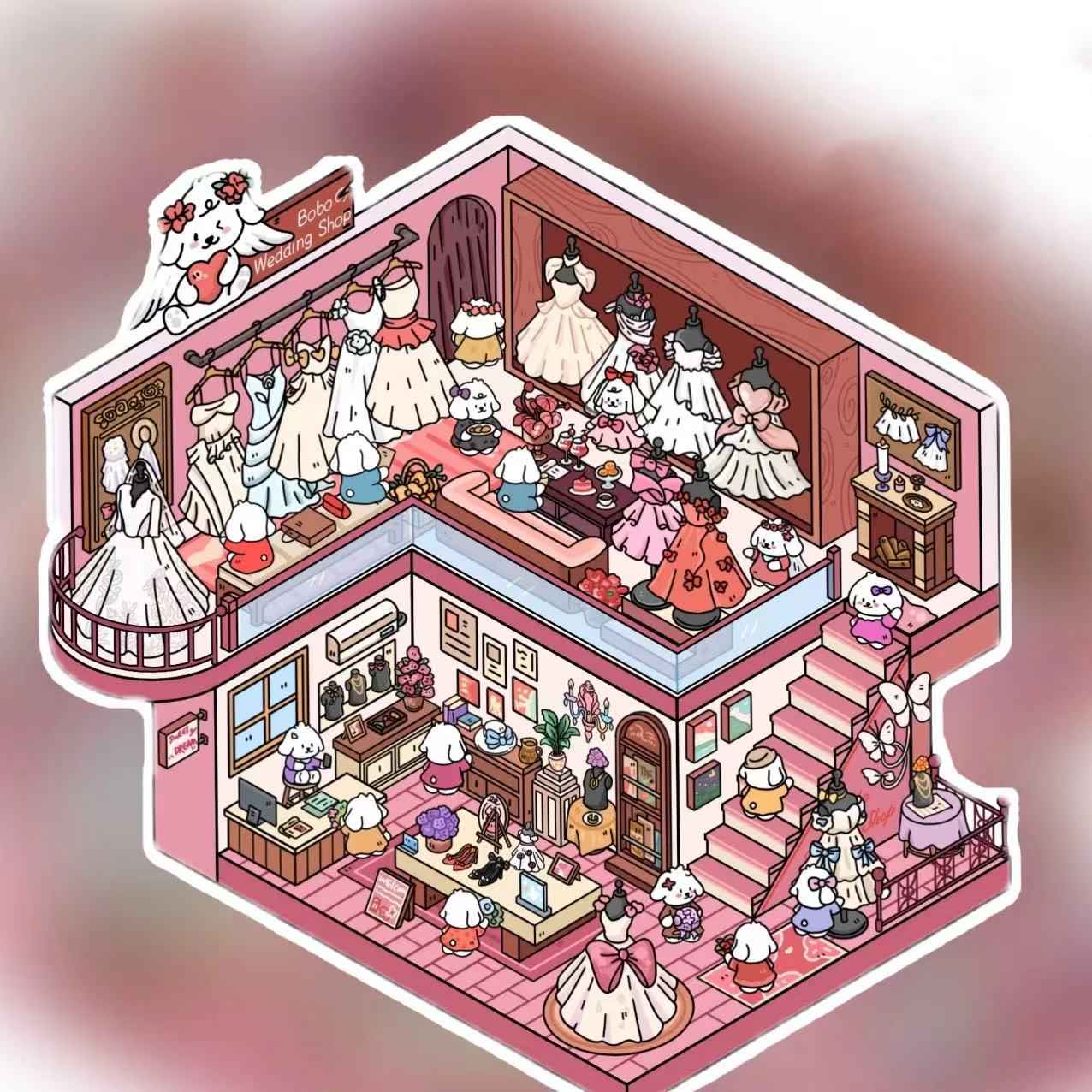 Cute Puppy 3D Isometric Room Stickers – 8 Theme Sets: Christmas Party | Clothing Store | Flower Shop | BBQ Restaurant | Wedding | Happy New Year | Dress Shop | Temple Fair - SNSEASY