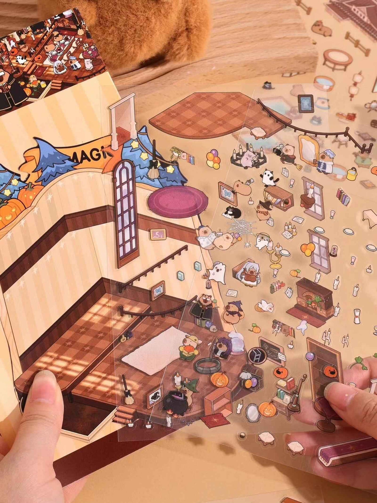 Capybara 2-Floor Shops – 3D Sticker Scenes - 4 Theme Sets: Capybara Museum | Capybara Bathhouse | Capybara Magic Shop | Capybara Fast Food