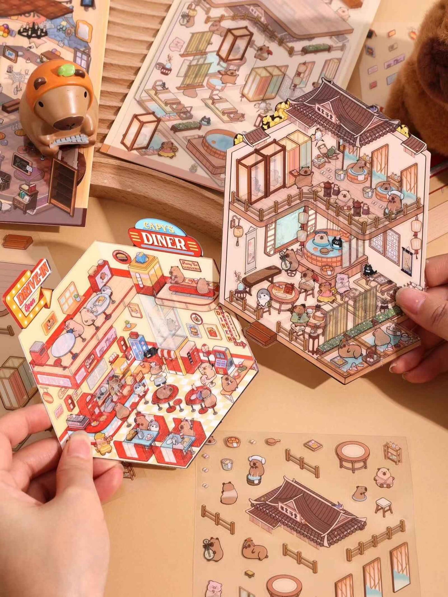 Capybara 2-Floor Shops – 3D Sticker Scenes - 4 Theme Sets: Capybara Museum | Capybara Bathhouse | Capybara Magic Shop | Capybara Fast Food