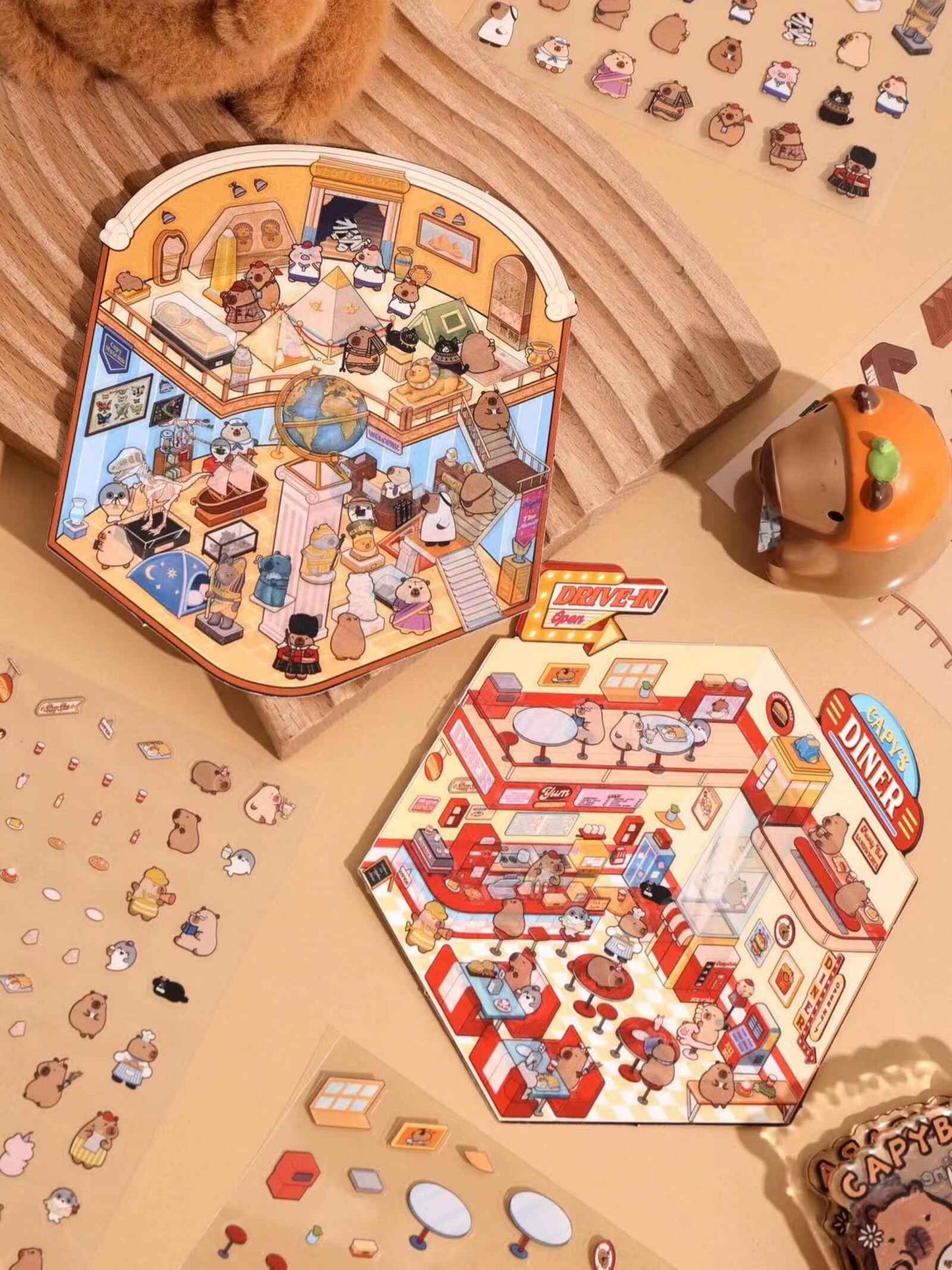 Capybara 2-Floor Shops – 3D Sticker Scenes - 4 Theme Sets: Capybara Museum | Capybara Bathhouse | Capybara Magic Shop | Capybara Fast Food