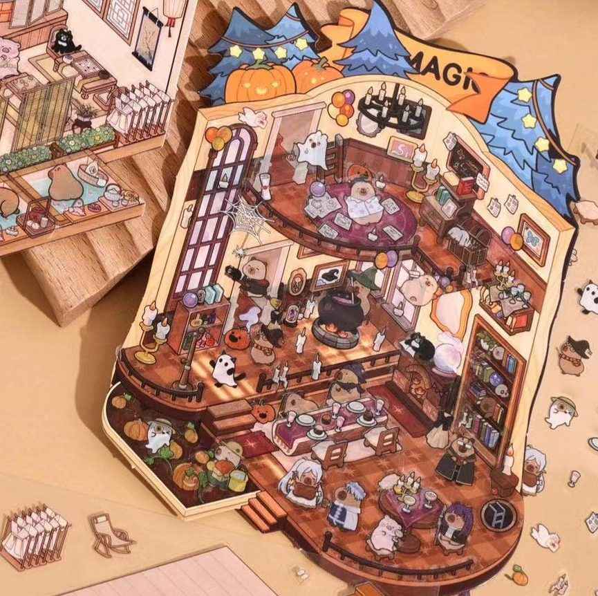 Capybara 2-Floor Shops – 3D Sticker Scenes - 4 Theme Sets: Capybara Museum | Capybara Bathhouse | Capybara Magic Shop | Capybara Fast Food