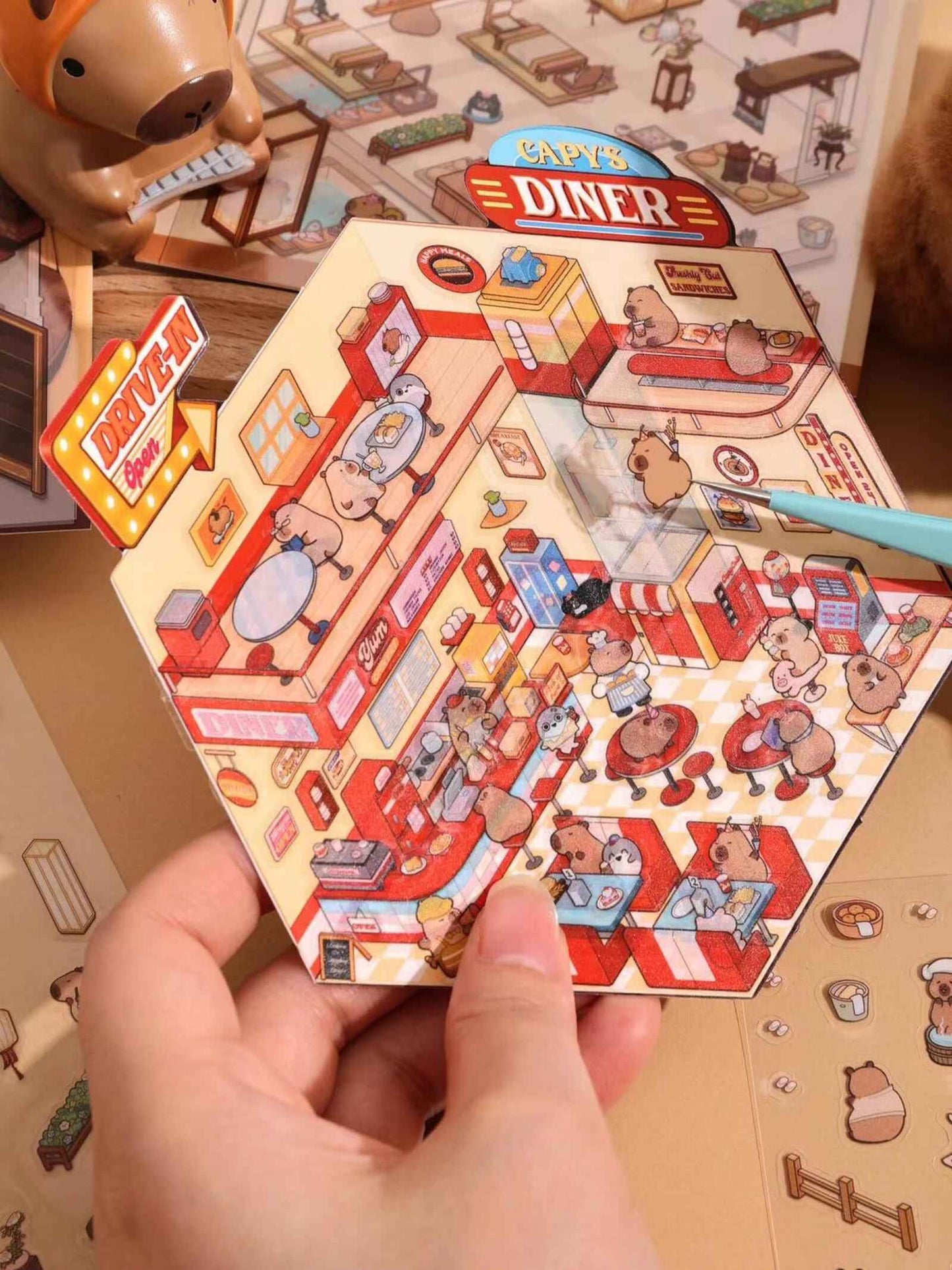 Capybara 2-Floor Shops – 3D Sticker Scenes - 4 Theme Sets: Capybara Museum | Capybara Bathhouse | Capybara Magic Shop | Capybara Fast Food