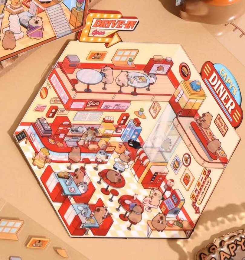 Capybara 2-Floor Shops – 3D Sticker Scenes - 4 Theme Sets: Capybara Museum | Capybara Bathhouse | Capybara Magic Shop | Capybara Fast Food