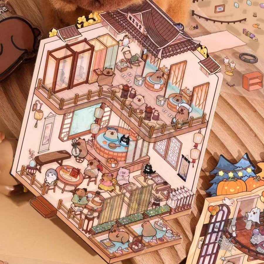 Capybara 2-Floor Shops – 3D Sticker Scenes - 4 Theme Sets: Capybara Museum | Capybara Bathhouse | Capybara Magic Shop | Capybara Fast Food