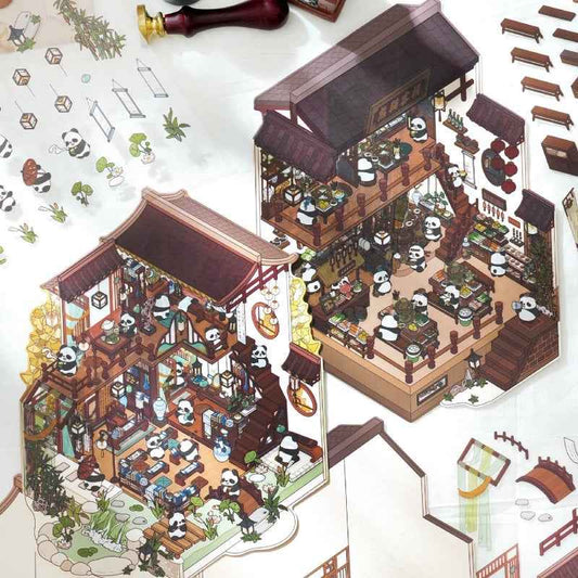 Black & White – Panda and Cat Traditional Chinese 2-Floor Shops 3D Sticker Scenes - 4 Theme Sets: Panda Bookstore | Panda Hotel | Cat Baozi Shop | Cat Restaurant