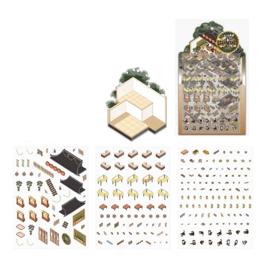 Black & White – Panda and Cat Traditional Chinese 2-Floor Shops 3D Sticker Scenes - 4 Theme Sets: Panda Bookstore | Panda Hotel | Cat Baozi Shop | Cat Restaurant