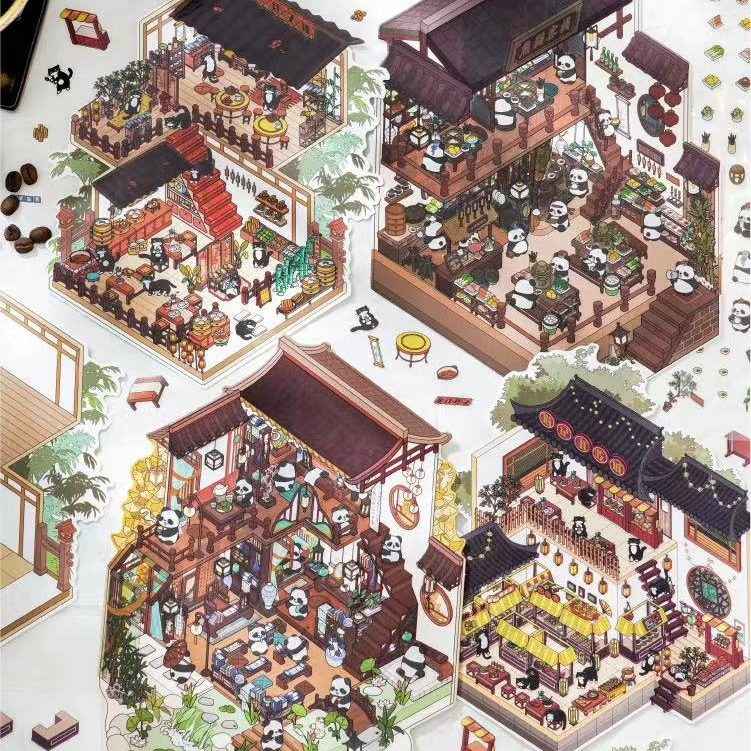 Black & White – Panda and Cat Traditional Chinese 2-Floor Shops 3D Sticker Scenes - 4 Theme Sets: Panda Bookstore | Panda Hotel | Cat Baozi Shop | Cat Restaurant