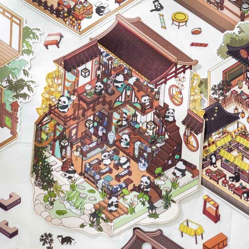 Black & White – Panda and Cat Traditional Chinese 2-Floor Shops 3D Sticker Scenes - 4 Theme Sets: Panda Bookstore | Panda Hotel | Cat Baozi Shop | Cat Restaurant