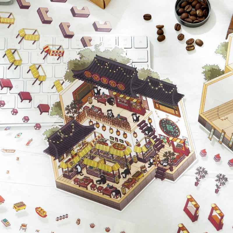 Black & White – Panda and Cat Traditional Chinese 2-Floor Shops 3D Sticker Scenes - 4 Theme Sets: Panda Bookstore | Panda Hotel | Cat Baozi Shop | Cat Restaurant