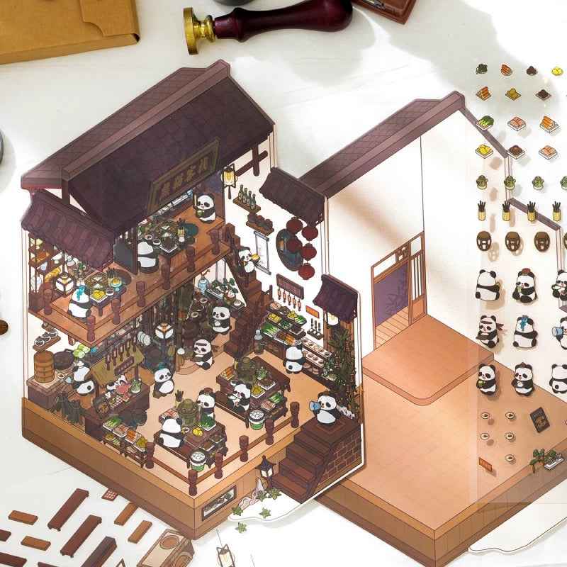 Black & White – Panda and Cat Traditional Chinese 2-Floor Shops 3D Sticker Scenes - 4 Theme Sets: Panda Bookstore | Panda Hotel | Cat Baozi Shop | Cat Restaurant