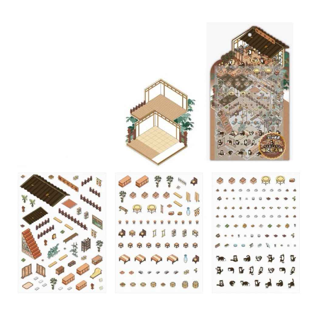 Black & White – Panda and Cat Traditional Chinese 2-Floor Shops 3D Sticker Scenes - 4 Theme Sets: Panda Bookstore | Panda Hotel | Cat Baozi Shop | Cat Restaurant