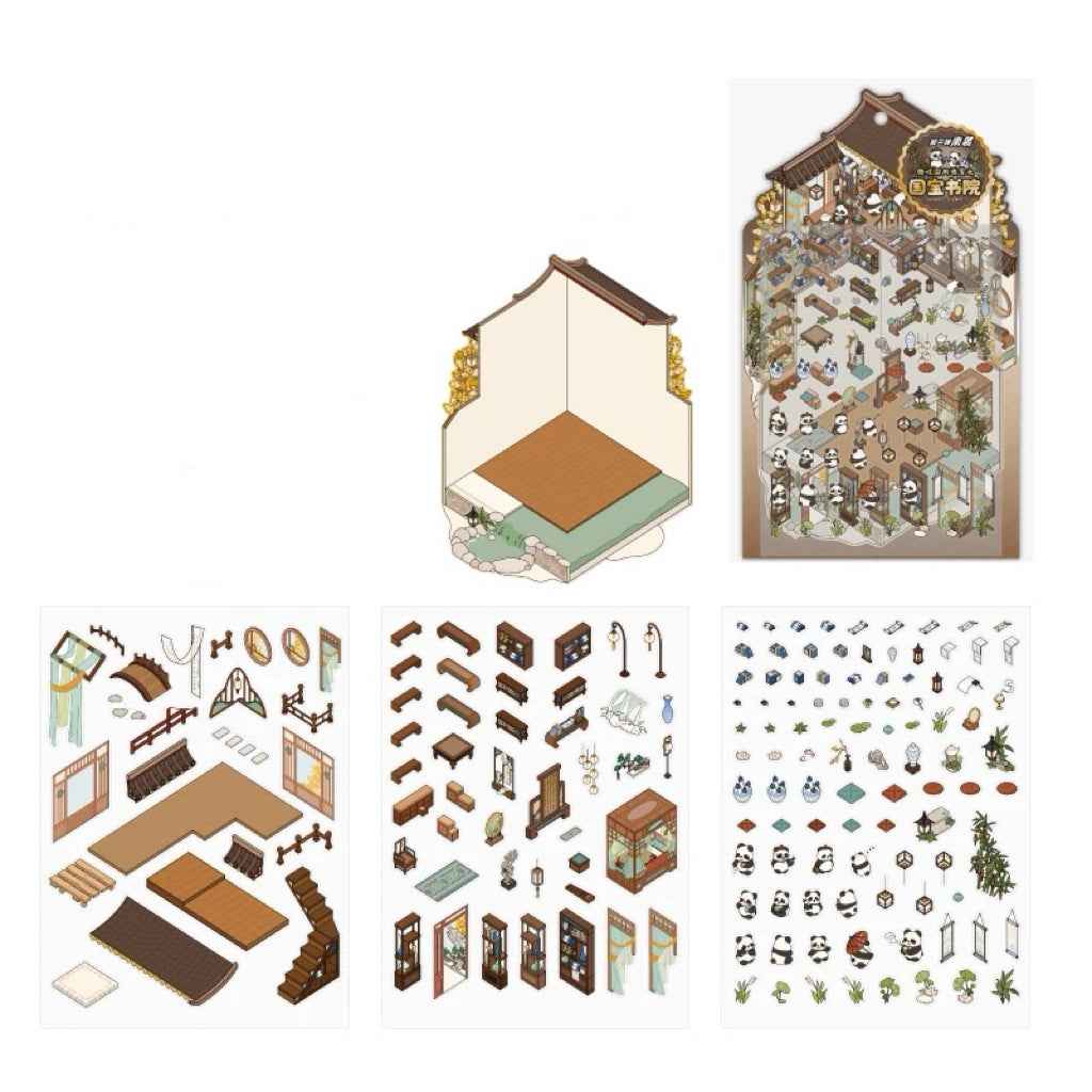 Black & White – Panda and Cat Traditional Chinese 2-Floor Shops 3D Sticker Scenes - 4 Theme Sets: Panda Bookstore | Panda Hotel | Cat Baozi Shop | Cat Restaurant