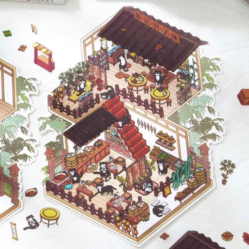 Black & White – Panda and Cat Traditional Chinese 2-Floor Shops 3D Sticker Scenes - 4 Theme Sets: Panda Bookstore | Panda Hotel | Cat Baozi Shop | Cat Restaurant