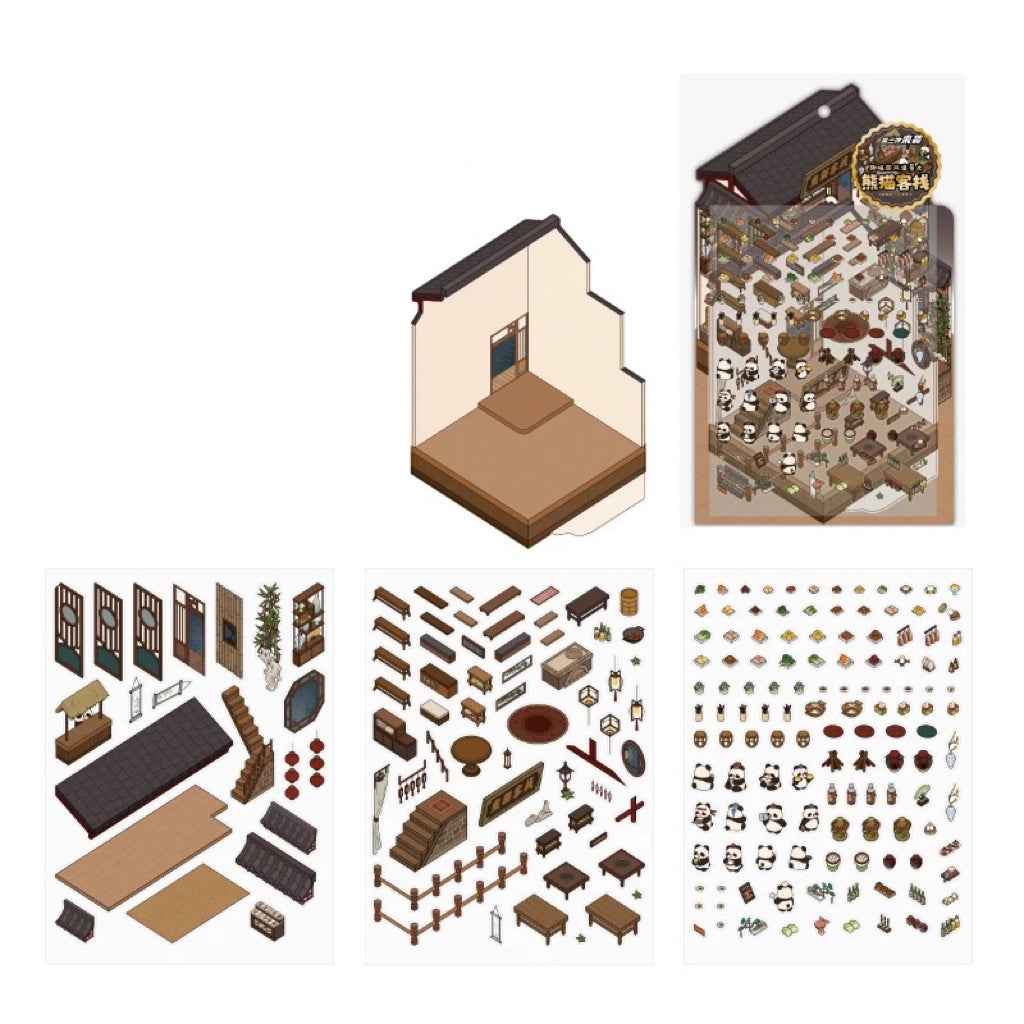 Black & White – Panda and Cat Traditional Chinese 2-Floor Shops 3D Sticker Scenes - 4 Theme Sets: Panda Bookstore | Panda Hotel | Cat Baozi Shop | Cat Restaurant