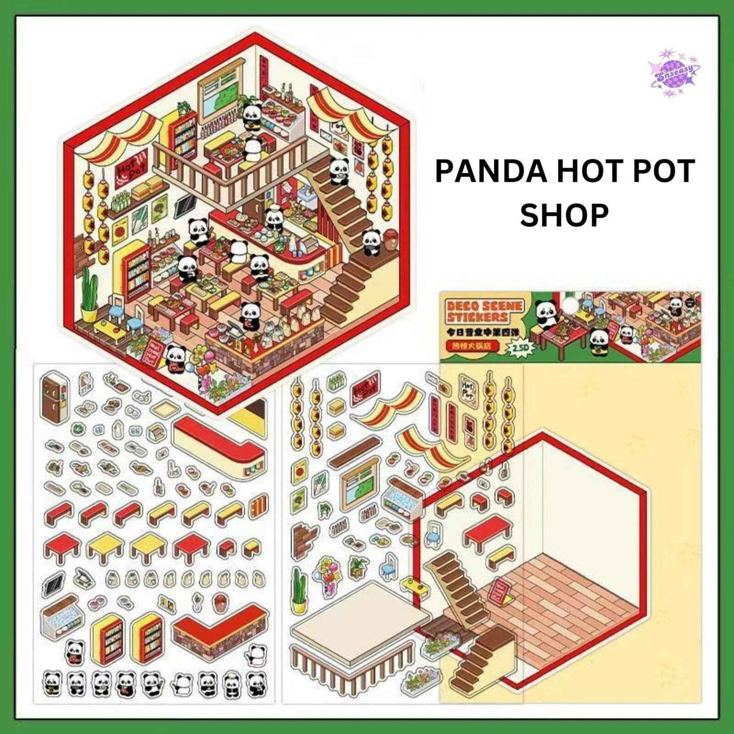 Cute Store 2-Floor – 3D Sticker Scenes - 4 Theme Sets: Panda Hot Pot Shop | Puppy Chocolate Shop | Bunny Candy House | Bear Toy House