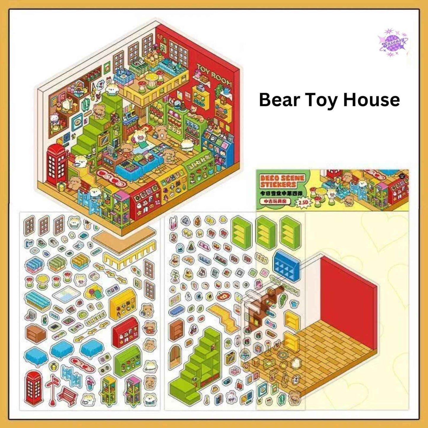 Cute Store 2-Floor – 3D Sticker Scenes - 4 Theme Sets: Panda Hot Pot Shop | Puppy Chocolate Shop | Bunny Candy House | Bear Toy House