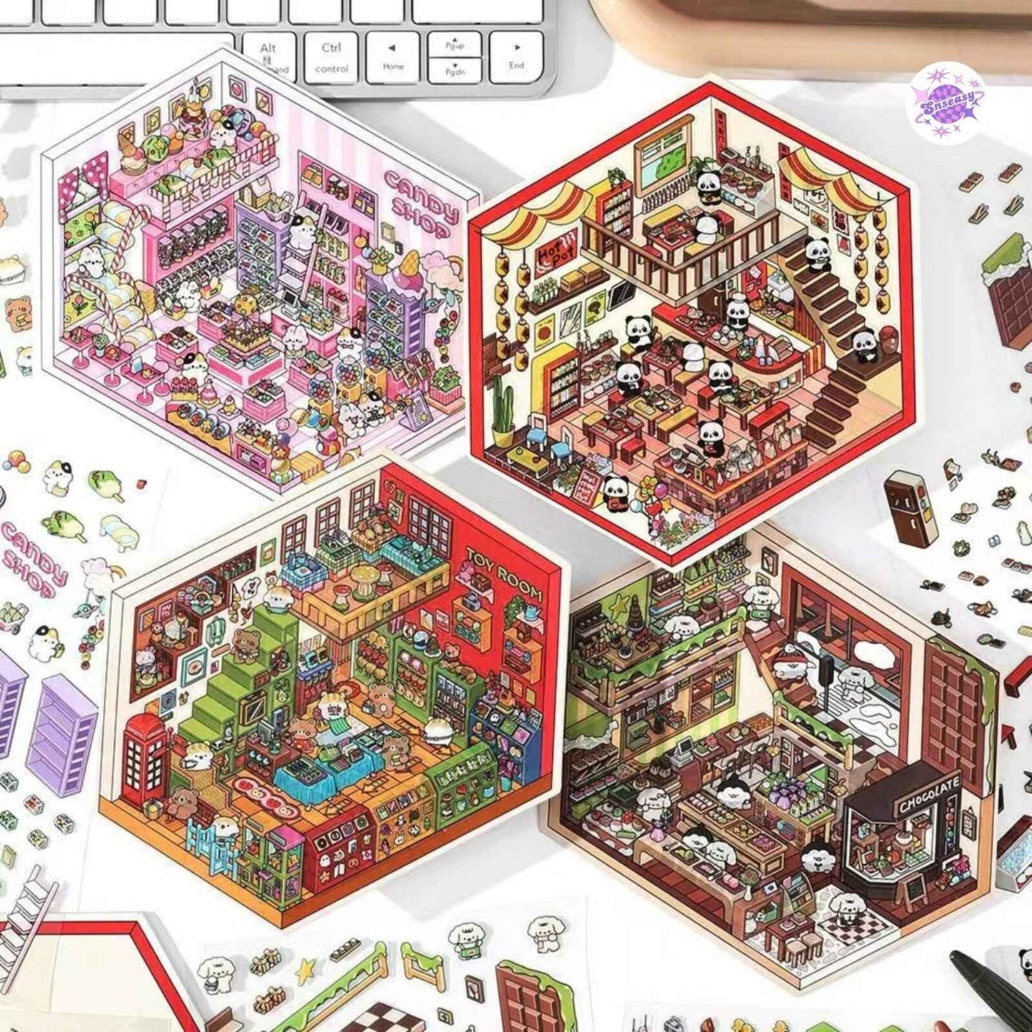 Cute Store 2-Floor – 3D Sticker Scenes - 4 Theme Sets: Panda Hot Pot Shop | Puppy Chocolate Shop | Bunny Candy House | Bear Toy House