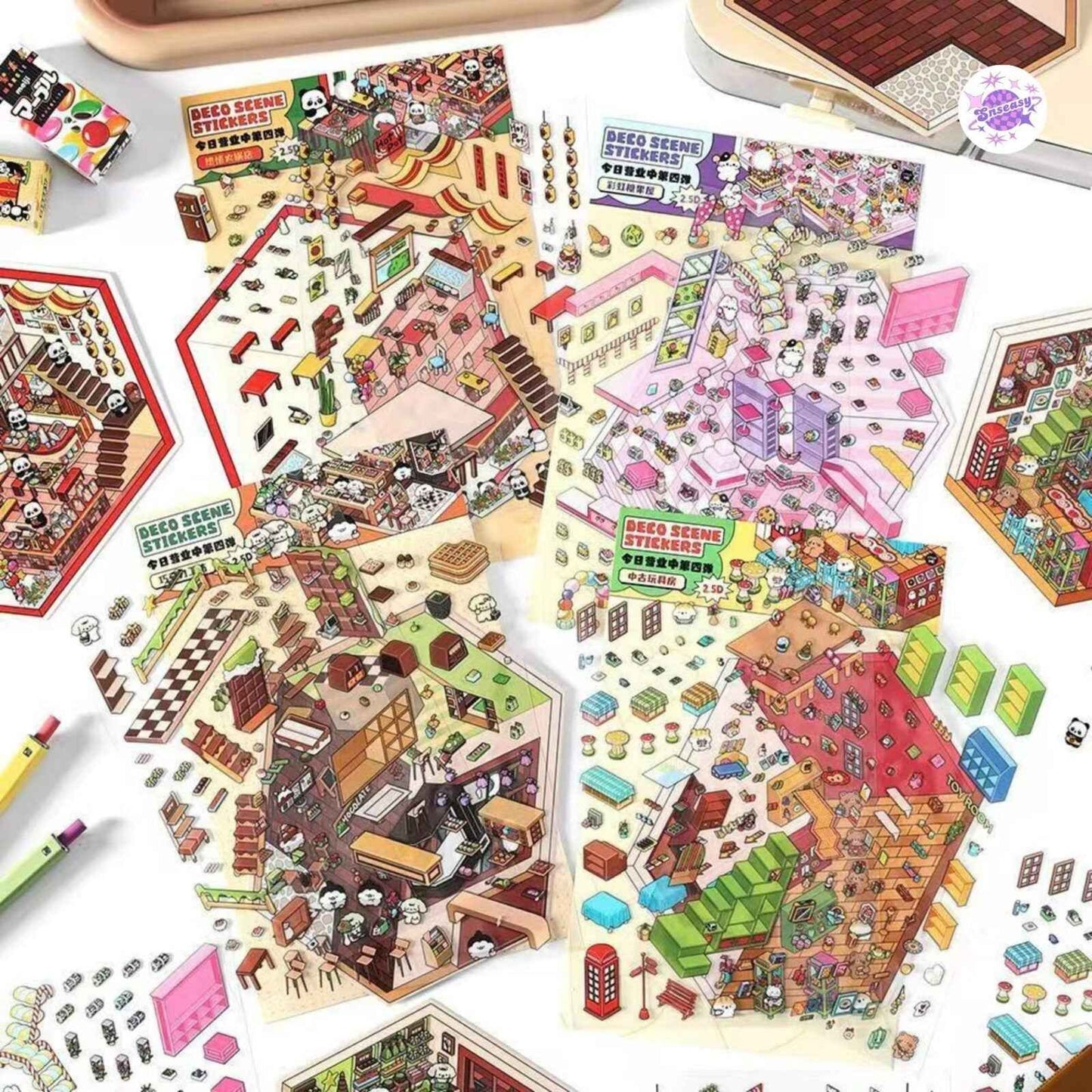 Cute Store 2-Floor – 3D Sticker Scenes - 4 Theme Sets: Panda Hot Pot Shop | Puppy Chocolate Shop | Bunny Candy House | Bear Toy House