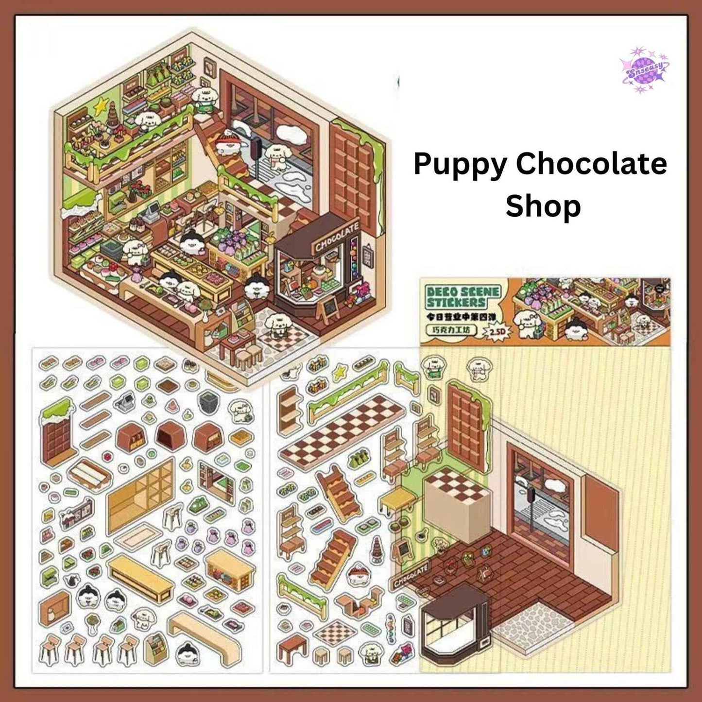 Cute Store 2-Floor – 3D Sticker Scenes - 4 Theme Sets: Panda Hot Pot Shop | Puppy Chocolate Shop | Bunny Candy House | Bear Toy House