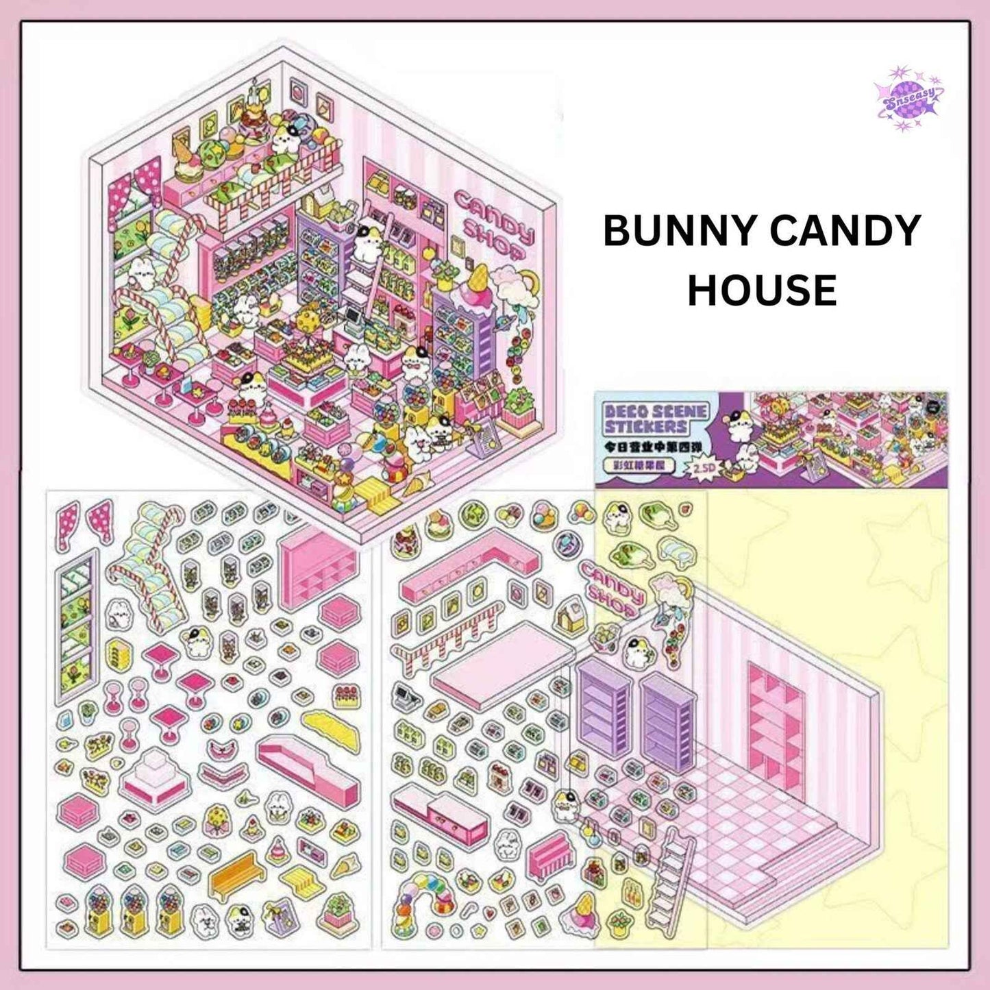 Cute Store 2-Floor – 3D Sticker Scenes - 4 Theme Sets: Panda Hot Pot Shop | Puppy Chocolate Shop | Bunny Candy House | Bear Toy House