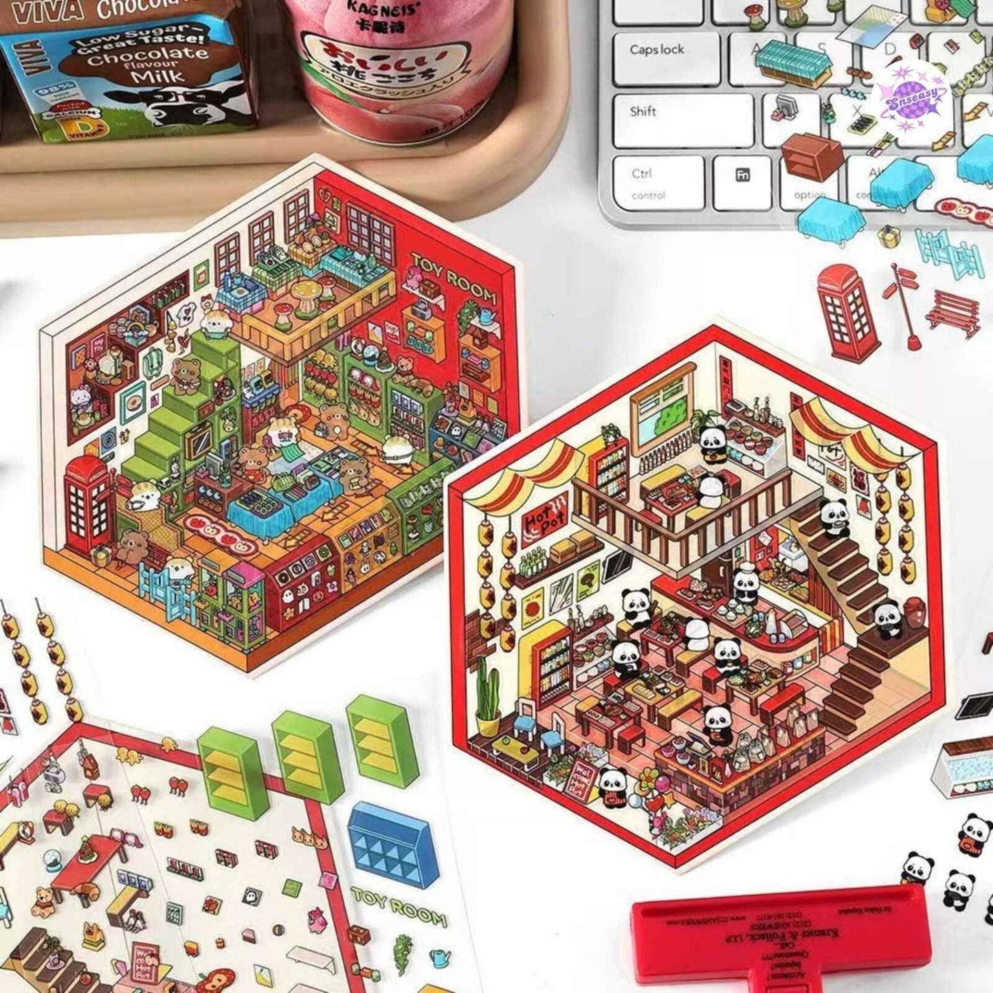 Cute Store 2-Floor – 3D Sticker Scenes - 4 Theme Sets: Panda Hot Pot Shop | Puppy Chocolate Shop | Bunny Candy House | Bear Toy House