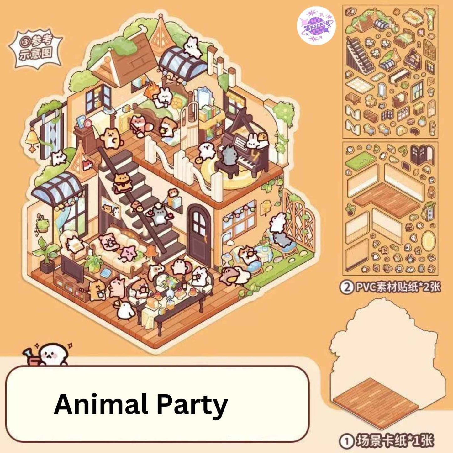 Animal Fairy Tale 2-Floor – 3D Sticker Scenes - 4 Theme Sets: Animal Room | Animal Party | Animal Farm | Animal Castle
