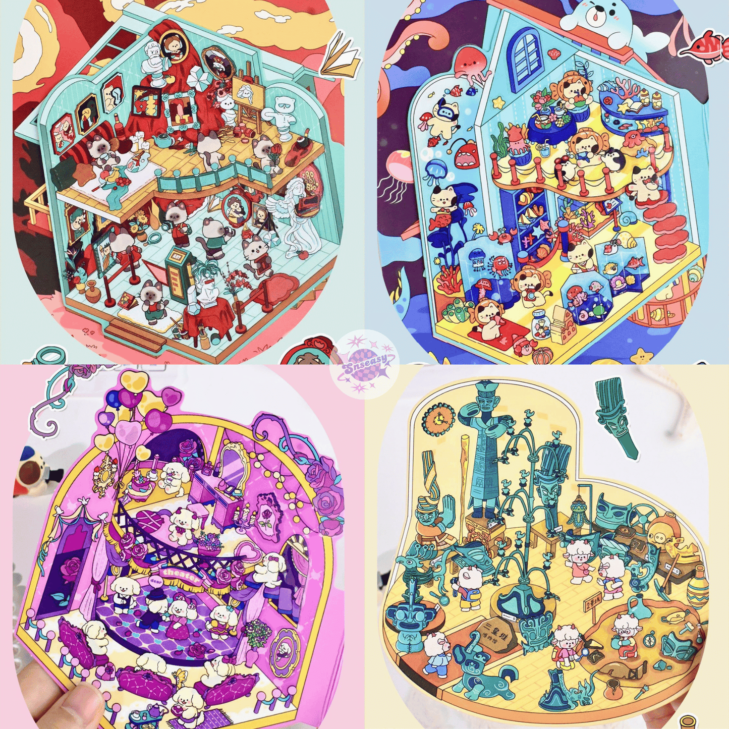Cute Animals Visit the Museum – 3D Miniature Scene Stickers (Flip-Open Plus Size) – 4 Theme Sets: Dog Opera House | Cat Aquarium | Cat Art Museum | Sheep Sanxingdui Museum