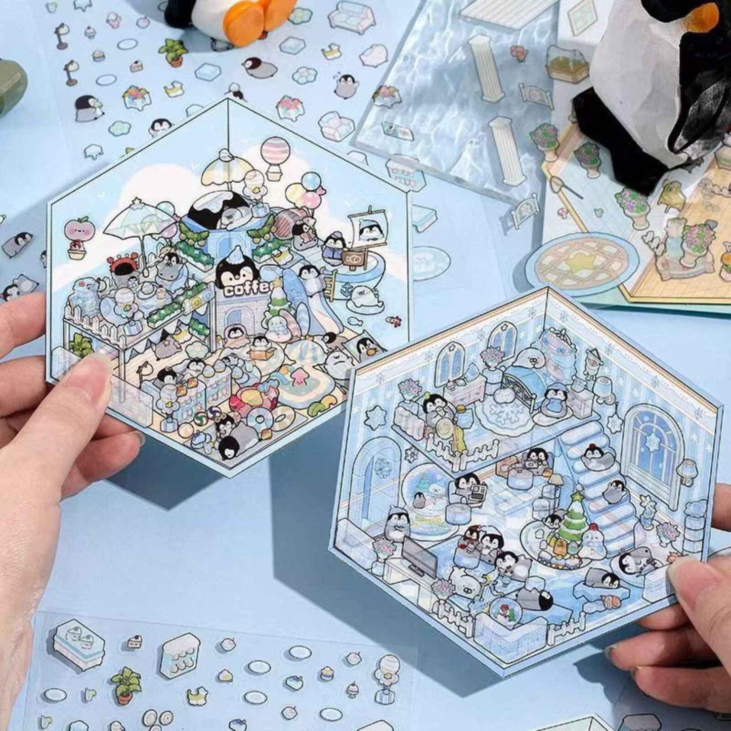 Capybara & Cute Penguin – 3D Sticker Scenes - 8 Theme Sets: Capybara Restaurant | Capybara Magic Treehouse | Capybara Hot Spring Hotel | Capybara Museum | Penguin Cottage | Penguin Garden | Penguin Beach | Penguin Dessert Shop