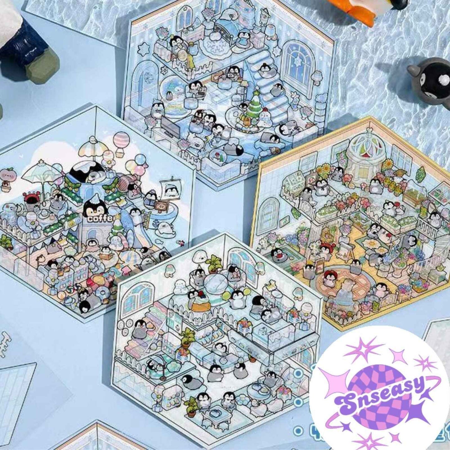 Capybara & Cute Penguin – 3D Sticker Scenes - 8 Theme Sets: Capybara Restaurant | Capybara Magic Treehouse | Capybara Hot Spring Hotel | Capybara Museum | Penguin Cottage | Penguin Garden | Penguin Beach | Penguin Dessert Shop