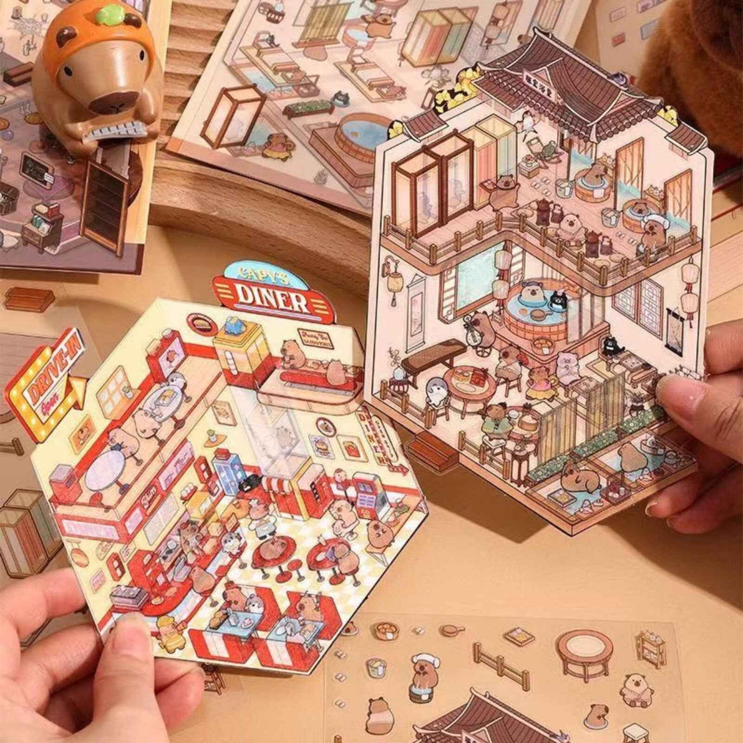 Capybara & Cute Penguin – 3D Sticker Scenes - 8 Theme Sets: Capybara Restaurant | Capybara Magic Treehouse | Capybara Hot Spring Hotel | Capybara Museum | Penguin Cottage | Penguin Garden | Penguin Beach | Penguin Dessert Shop