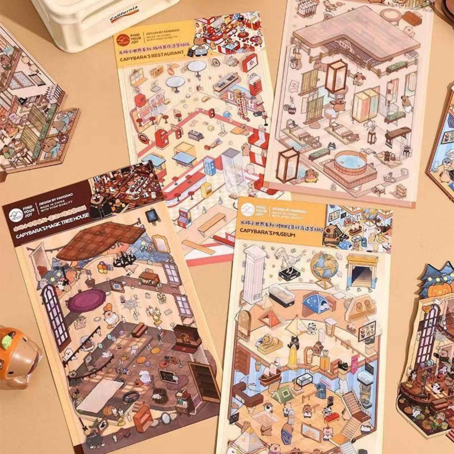 Capybara & Cute Penguin – 3D Sticker Scenes - 8 Theme Sets: Capybara Restaurant | Capybara Magic Treehouse | Capybara Hot Spring Hotel | Capybara Museum | Penguin Cottage | Penguin Garden | Penguin Beach | Penguin Dessert Shop