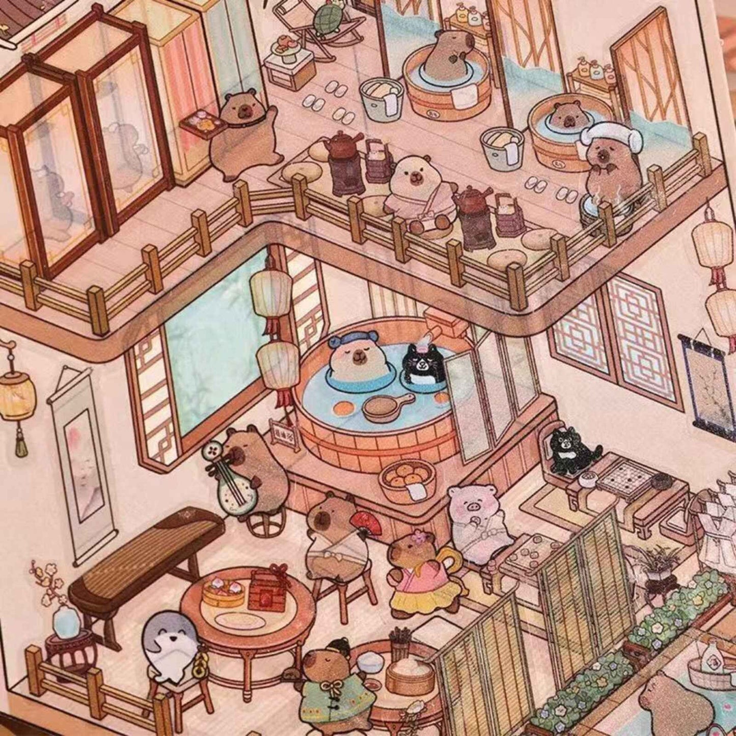 Capybara & Cute Penguin – 3D Sticker Scenes - 8 Theme Sets: Capybara Restaurant | Capybara Magic Treehouse | Capybara Hot Spring Hotel | Capybara Museum | Penguin Cottage | Penguin Garden | Penguin Beach | Penguin Dessert Shop
