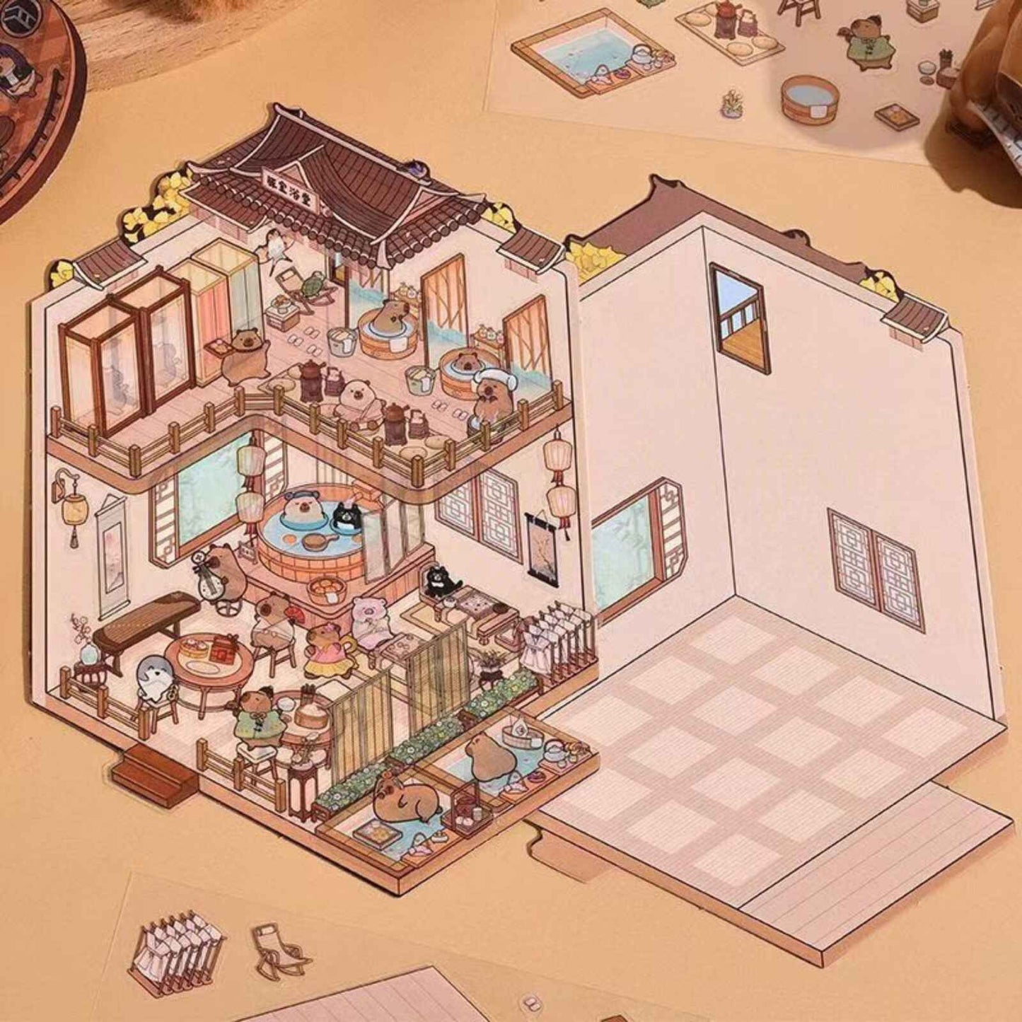 Capybara & Cute Penguin – 3D Sticker Scenes - 8 Theme Sets: Capybara Restaurant | Capybara Magic Treehouse | Capybara Hot Spring Hotel | Capybara Museum | Penguin Cottage | Penguin Garden | Penguin Beach | Penguin Dessert Shop