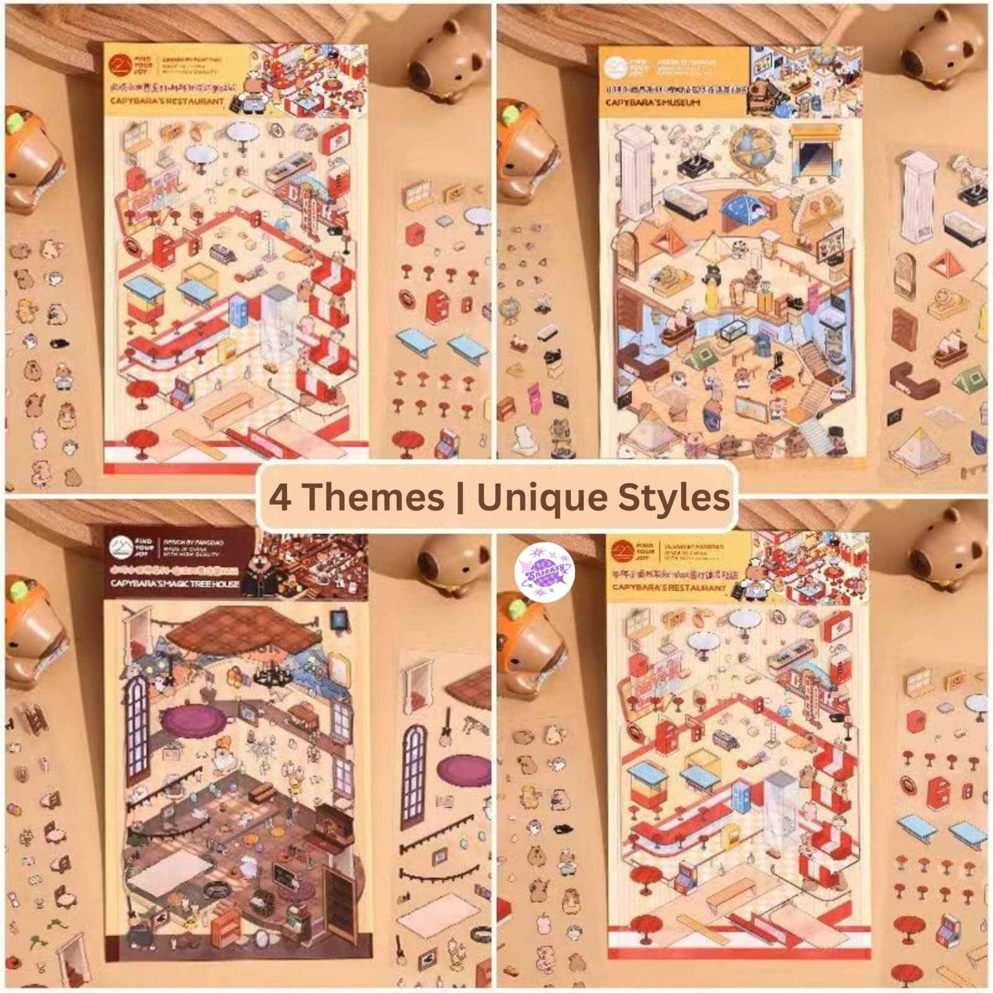 Capybara & Cute Penguin – 3D Sticker Scenes - 8 Theme Sets: Capybara Restaurant | Capybara Magic Treehouse | Capybara Hot Spring Hotel | Capybara Museum | Penguin Cottage | Penguin Garden | Penguin Beach | Penguin Dessert Shop
