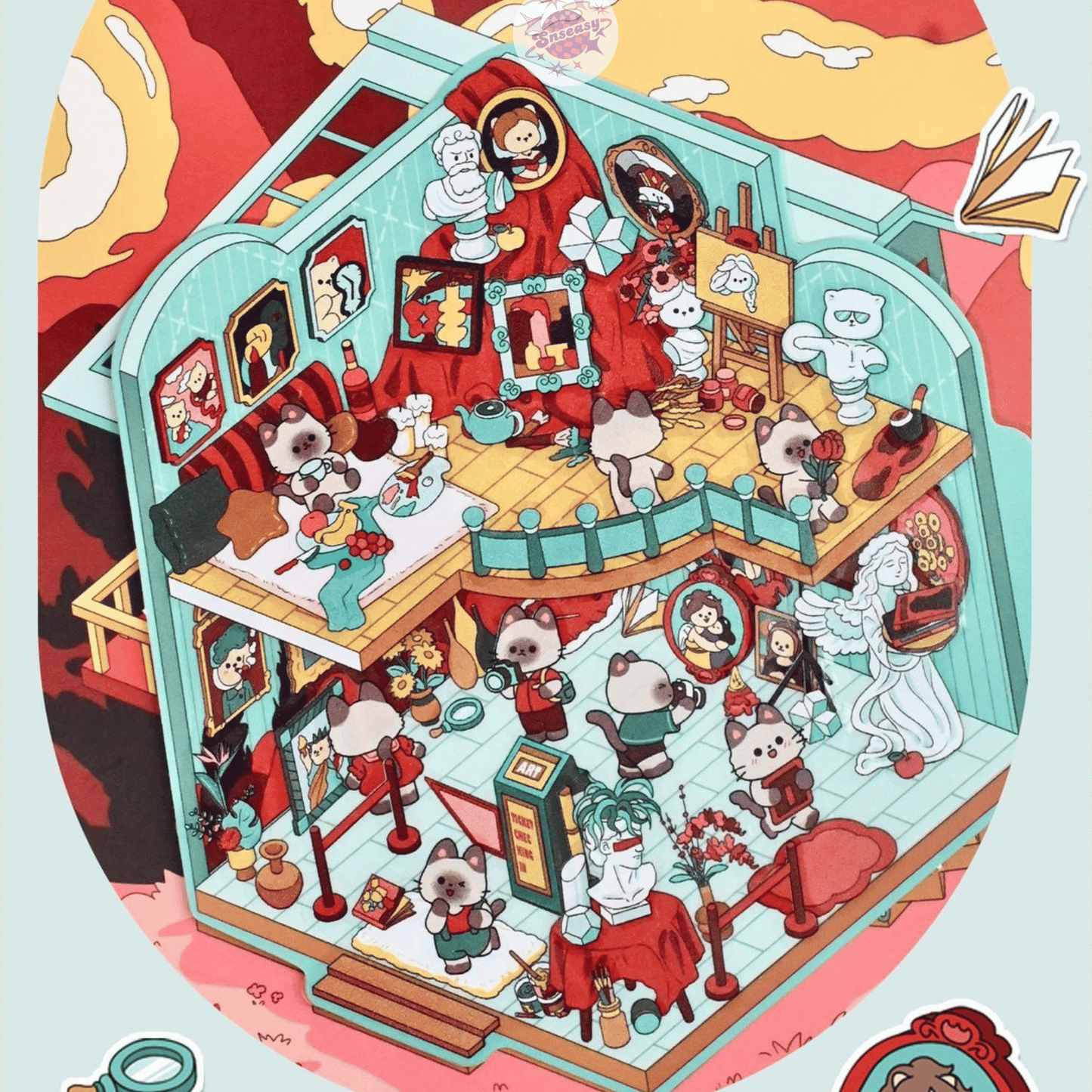 Cute Animals Visit the Museum – 3D Miniature Scene Stickers (Flip-Open Plus Size) – 4 Theme Sets: Dog Opera House | Cat Aquarium | Cat Art Museum | Sheep Sanxingdui Museum