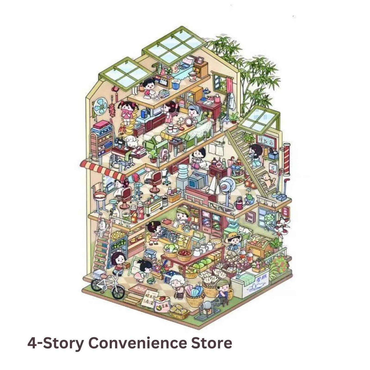 4-Story Grand Buildings 5.0 – 3D Miniature Sticker Scenes - 2 Theme Sets: 4-Story Convenience Store | 4-Story Puppy Villa