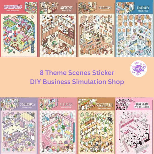 DIY Business Simulation Shop – 3D Miniature Sticker Scenes - 8 Theme Sets: Animal Amusement Park | Panda Restaurant | Capybara Convenience Store | Capybara Dollhouse | Capybara Cottage | Pink Clothing Store | Bunny Café | Kitty Café