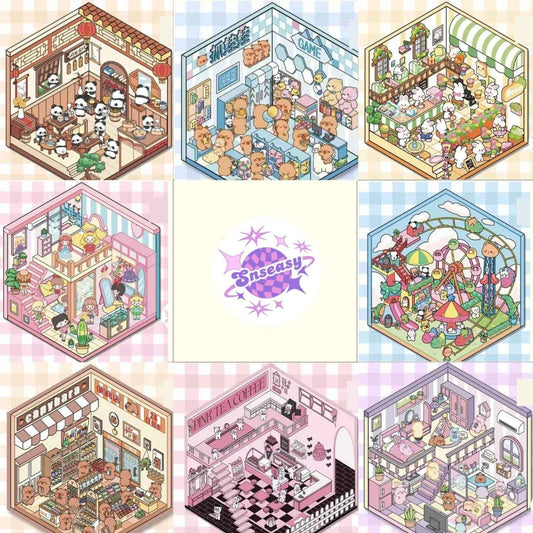 DIY Business Simulation Shop – 3D Miniature Sticker Scenes - 8 Theme Sets: Animal Amusement Park | Panda Restaurant | Capybara Convenience Store | Capybara Dollhouse | Capybara Cottage | Pink Clothing Store | Bunny Café | Kitty Café