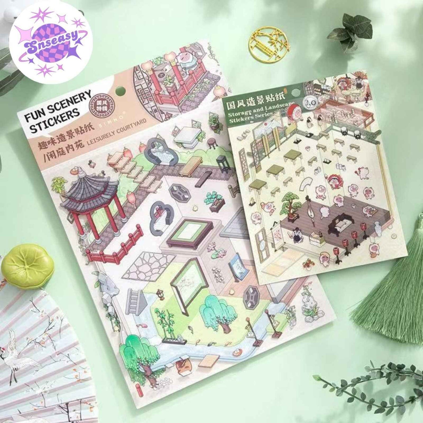 Ancient Architecture Scenes 2.0 – 3D DIY Sticker Sets - 2 Theme Sets: Fly Flowers | Leisurely Courtyard