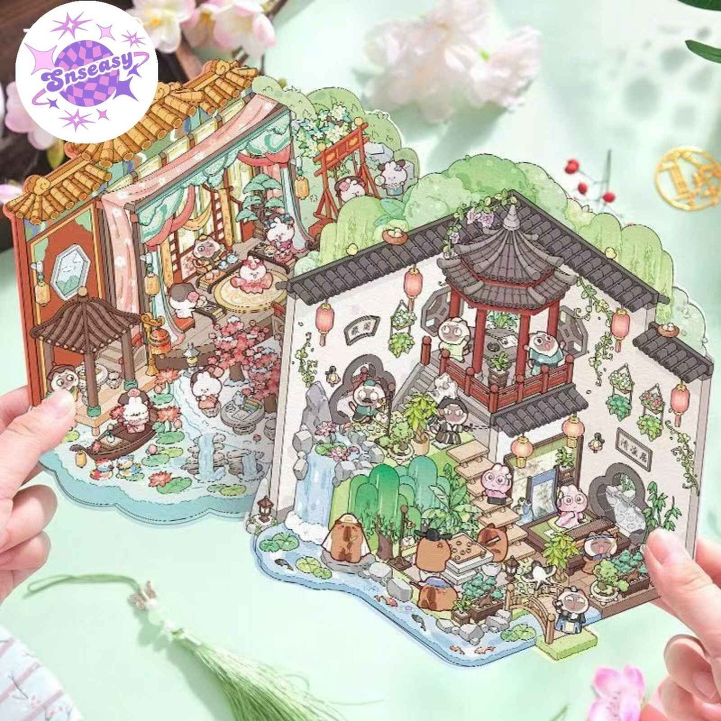 Ancient Architecture Scenes 2.0 – 3D DIY Sticker Sets - 2 Theme Sets: Fly Flowers | Leisurely Courtyard