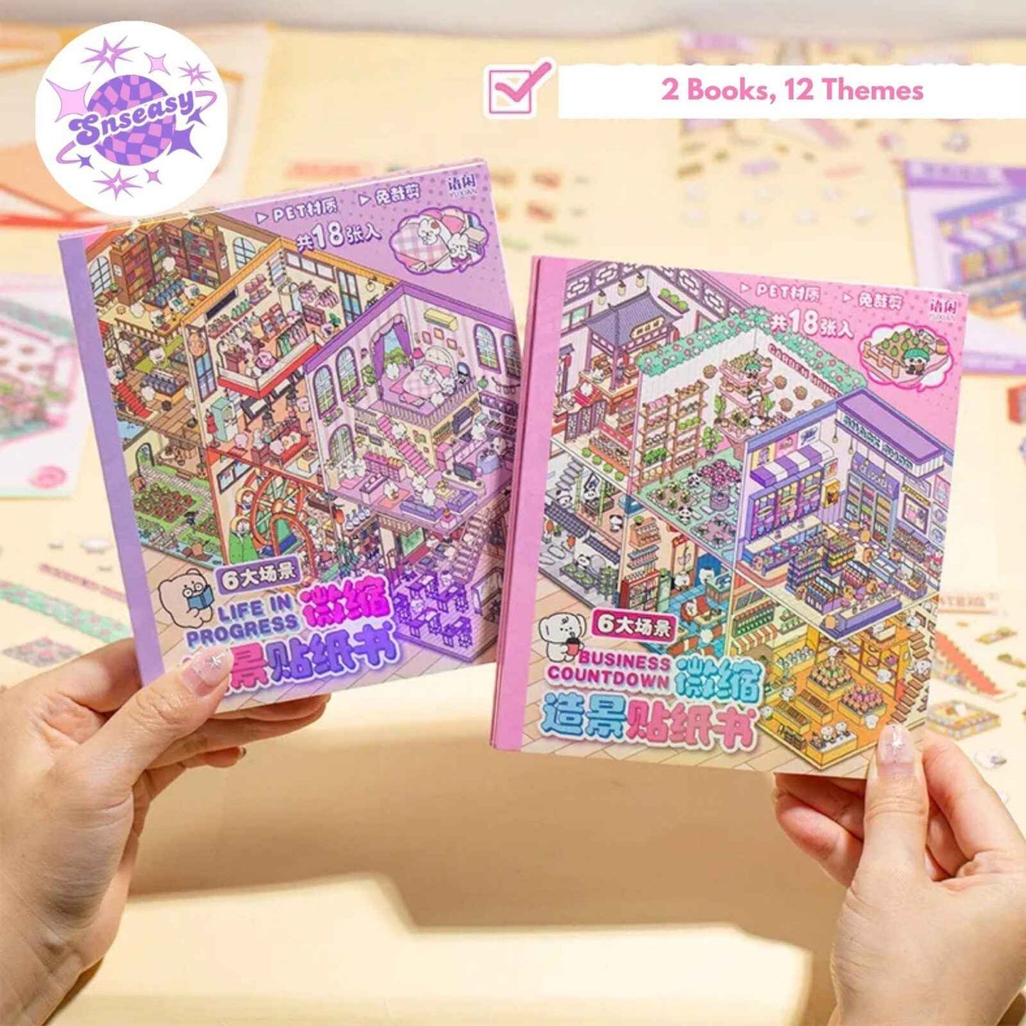 Cute Animals 3D Scene Stickers Scrapbook – 12 Unique Themes: Little Shop Open (6 Themes) | Living in Life (6 Themes)