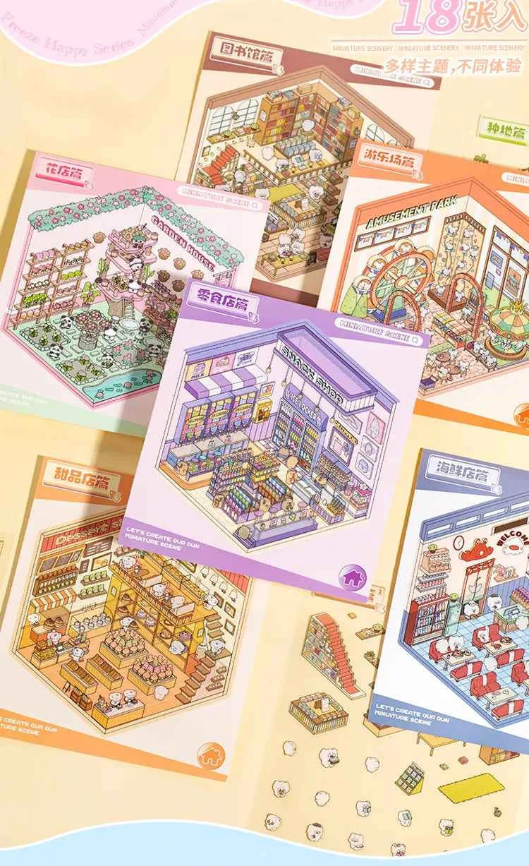 Cute Animals 3D Scene Stickers Scrapbook – 12 Unique Themes: Little Shop Open (6 Themes) | Living in Life (6 Themes)