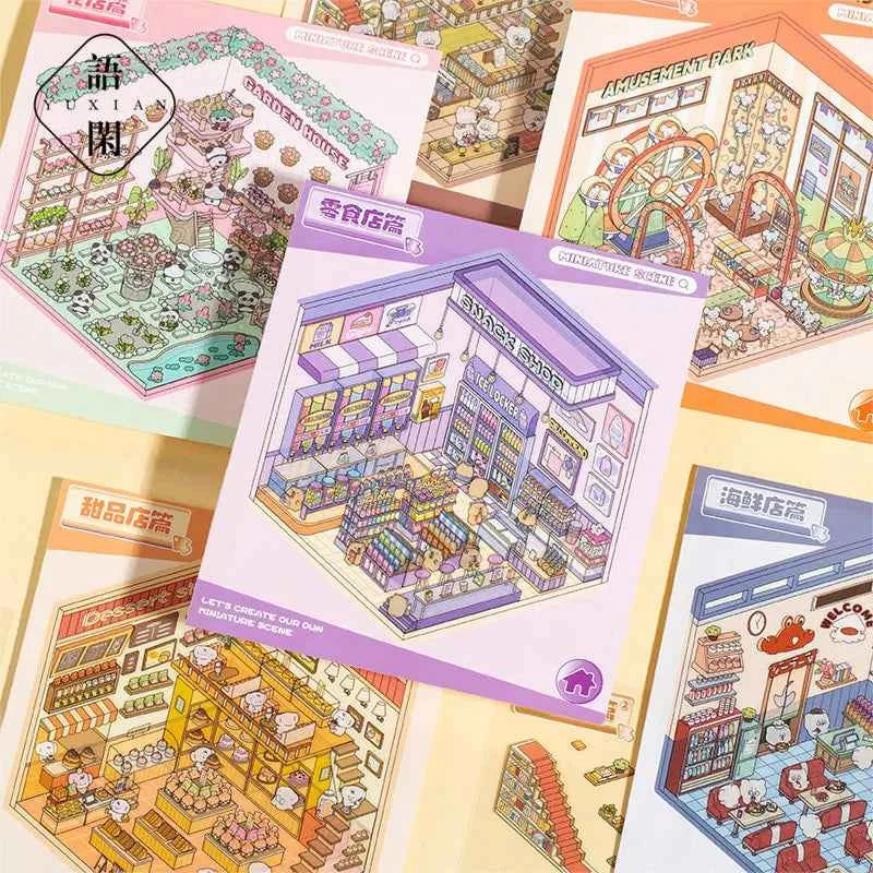 Cute Animals 3D Scene Stickers Scrapbook – 12 Unique Themes: Little Shop Open (6 Themes) | Living in Life (6 Themes)
