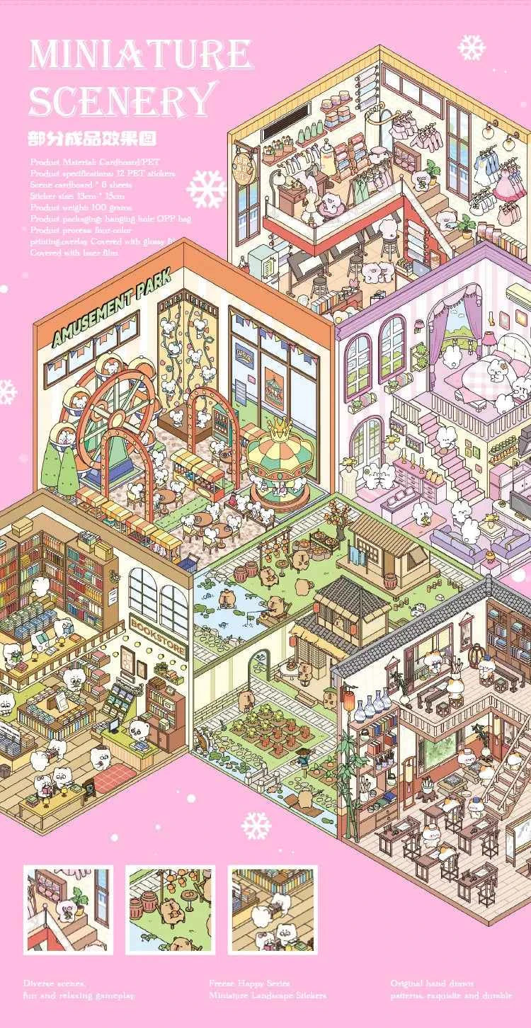Cute Animals 3D Scene Stickers Scrapbook – 12 Unique Themes: Little Shop Open (6 Themes) | Living in Life (6 Themes)