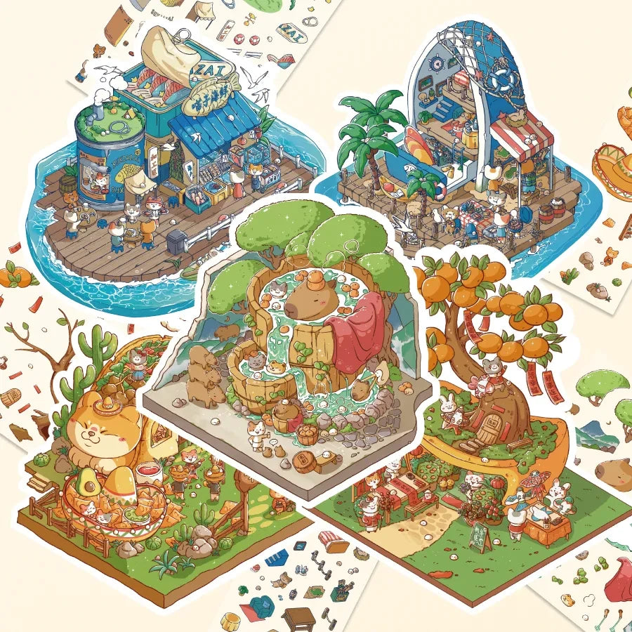 Cute Cat 5.0 – 3D Sticker Scenes - 5 Theme Sets: Cat Seafood Restaurant | Cat Seafood Holiday Villa | Cat & Capybara Hot Springs | Cat & Bunny New Year's Cottage | Cat Mexican Taco Shop
