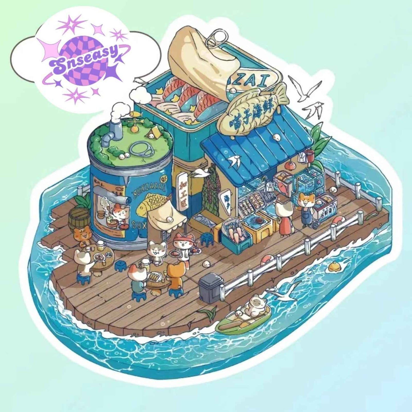 Cute Cat 5.0 – 3D Sticker Scenes - 5 Theme Sets: Cat Seafood Restaurant | Cat Seafood Holiday Villa | Cat & Capybara Hot Springs | Cat & Bunny New Year's Cottage | Cat Mexican Taco Shop