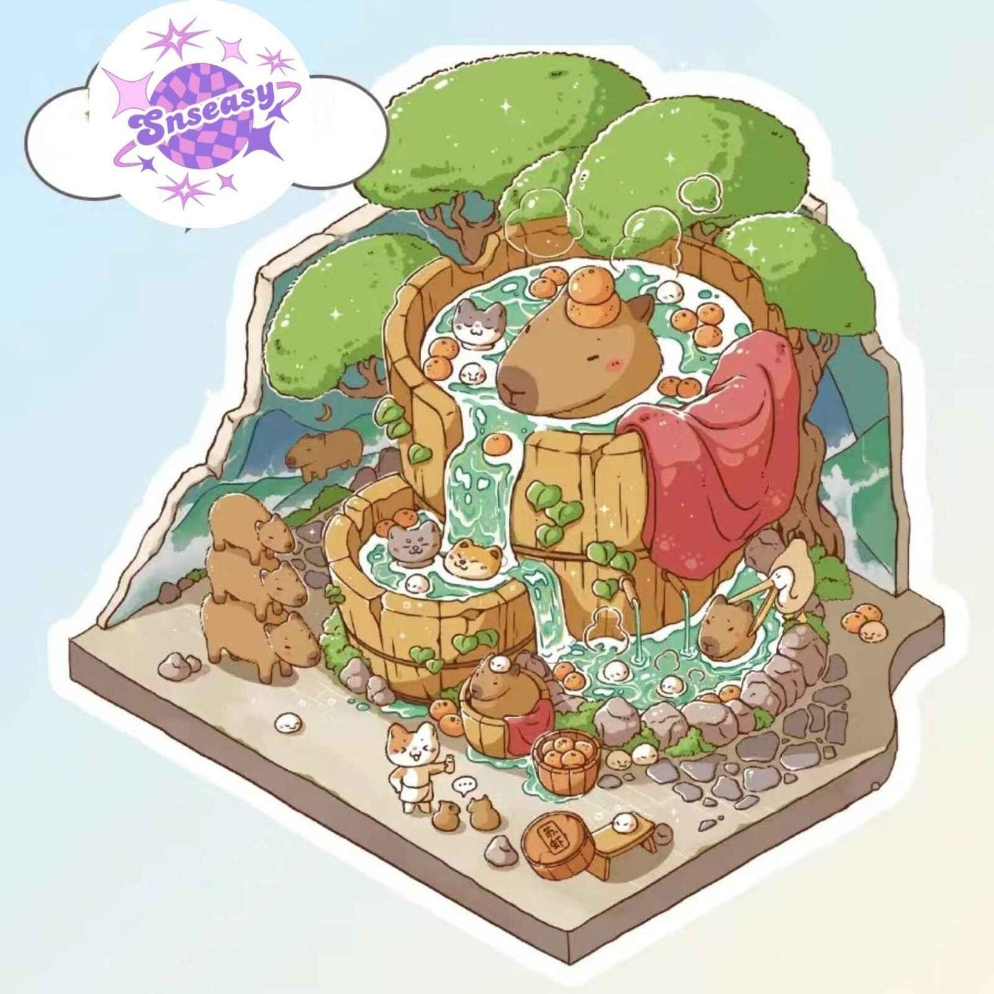 Cute Cat 5.0 – 3D Sticker Scenes - 5 Theme Sets: Cat Seafood Restaurant | Cat Seafood Holiday Villa | Cat & Capybara Hot Springs | Cat & Bunny New Year's Cottage | Cat Mexican Taco Shop