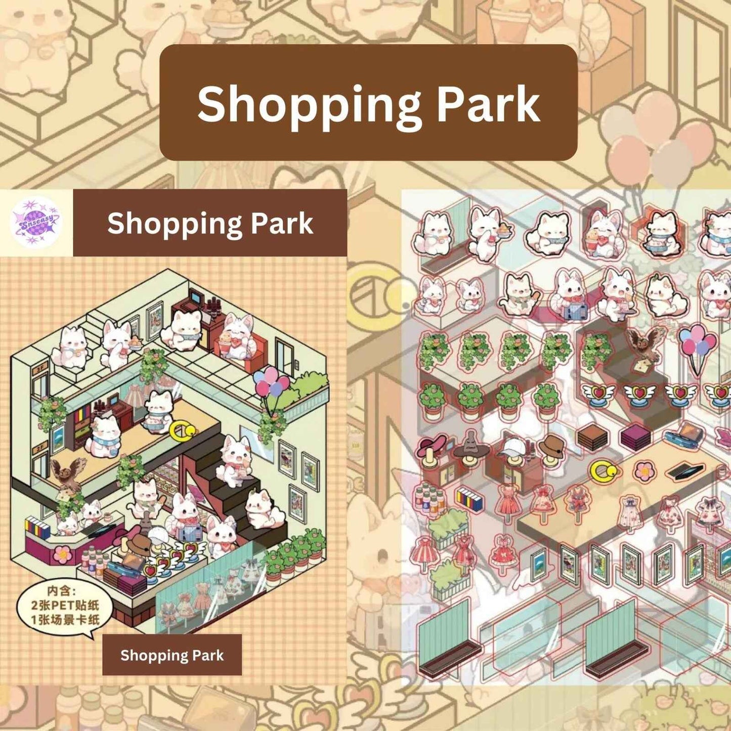 Cute Bunny 3.0 Amusement Park – 3D Sticker Scenes - 4 Theme Sets: Surfing Park | Beach Park | Shopping Park | Amusement Park