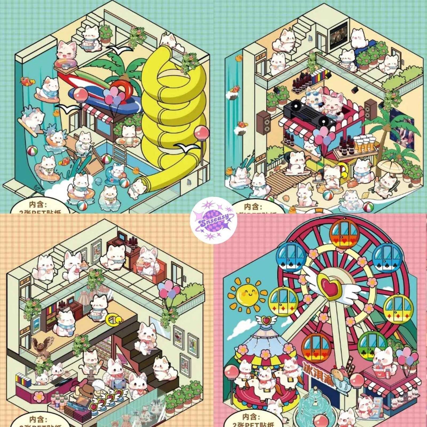 Cute Bunny 3.0 Amusement Park – 3D Sticker Scenes - 4 Theme Sets: Surfing Park | Beach Park | Shopping Park | Amusement Park