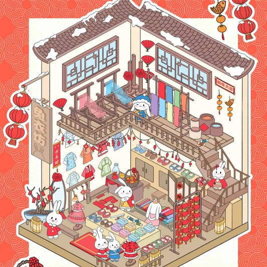 Cute Bunny 7.0 New Year Shop – 3D Sticker Scenes - 4 Theme Sets: Boutique | Tea House | Traditional Medicine Shop | Inn